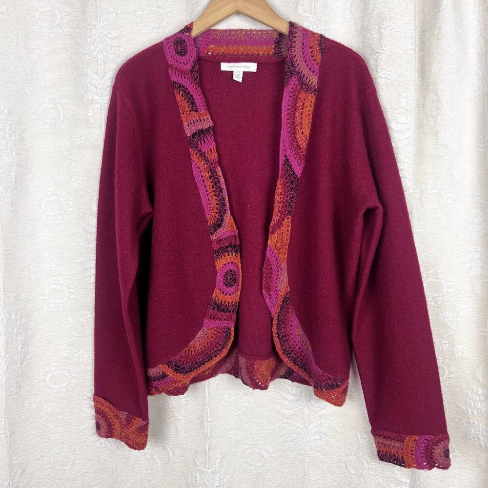 Northern Isles pink wool + rabbit hair open cardigan sweater crochet trim Large